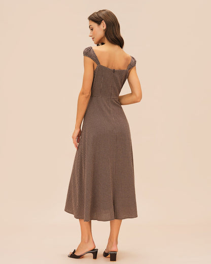 Brown Plaid Sweetheart Neck Midi Dress