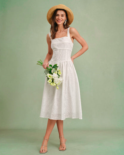 White Square Neck Slip Midi Dress