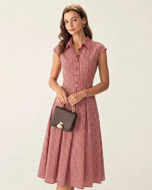Red Plaid Collar Midi Dress