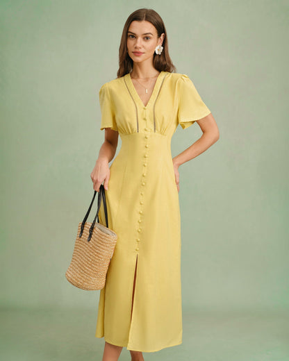 Yellow V Neck Button Midi Dress