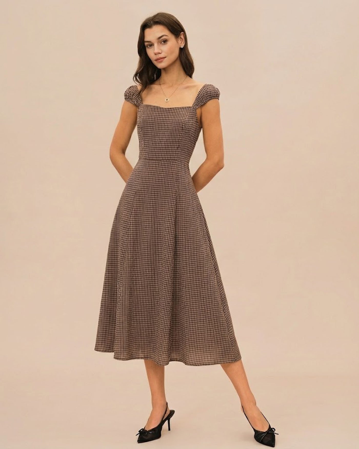 Brown Plaid Sweetheart Neck Midi Dress