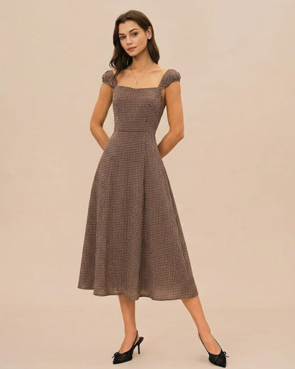 Brown Plaid Sweetheart Neck Midi Dress