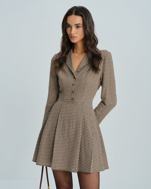 Brown Gingham Collar Cotton Mini Dress