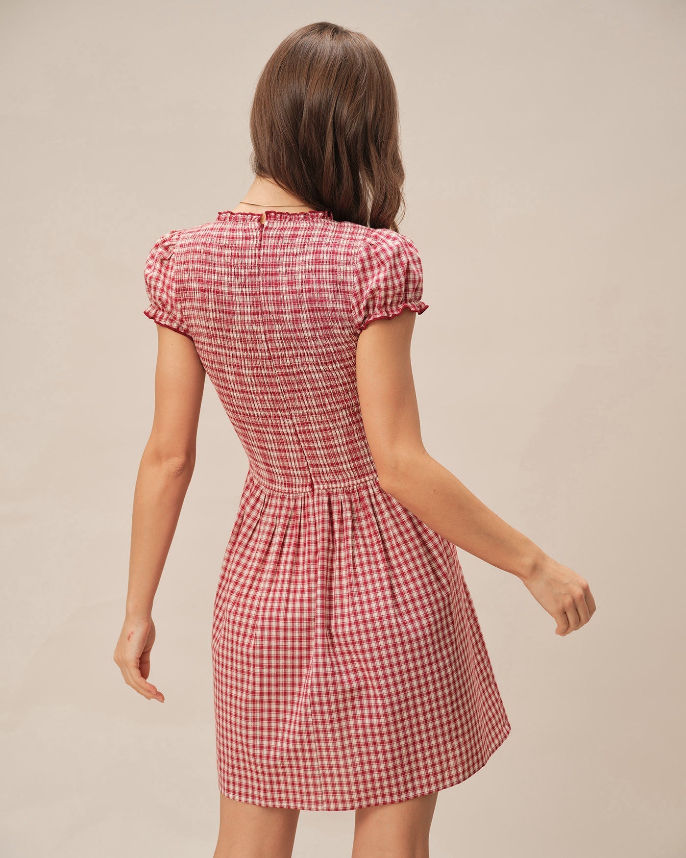 Red V Neck Plaid Mini Dress