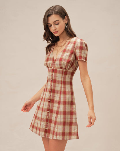 Red Plaid V Neck Mini Dress