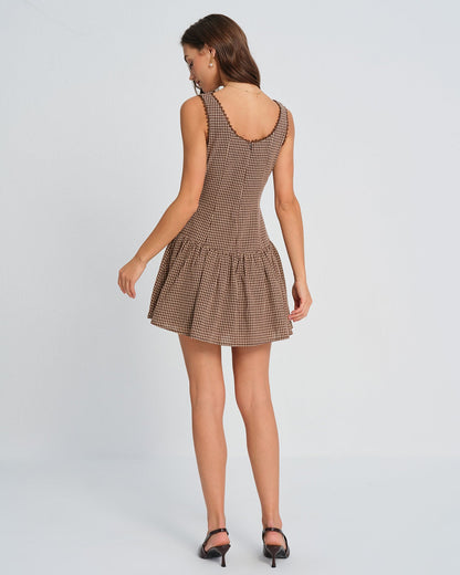 Brown Lace Plaid Mini Dress