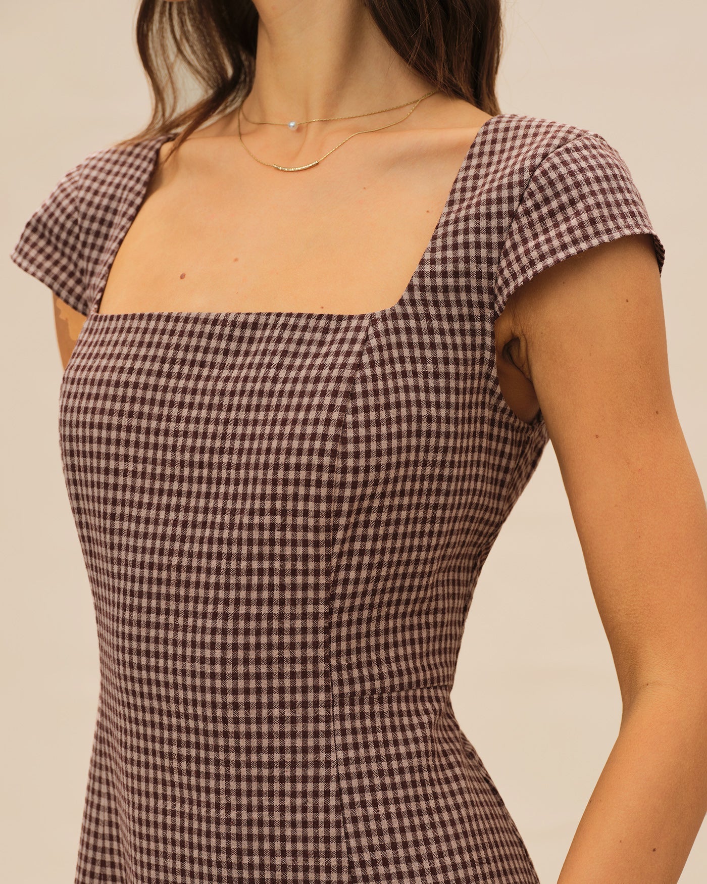 Brown Square Neck Plaid Mini Dress
