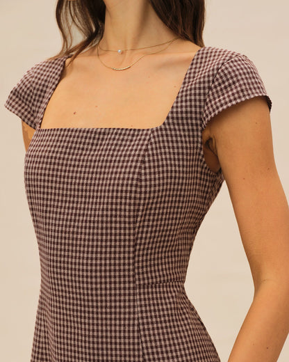 Brown Square Neck Plaid Mini Dress
