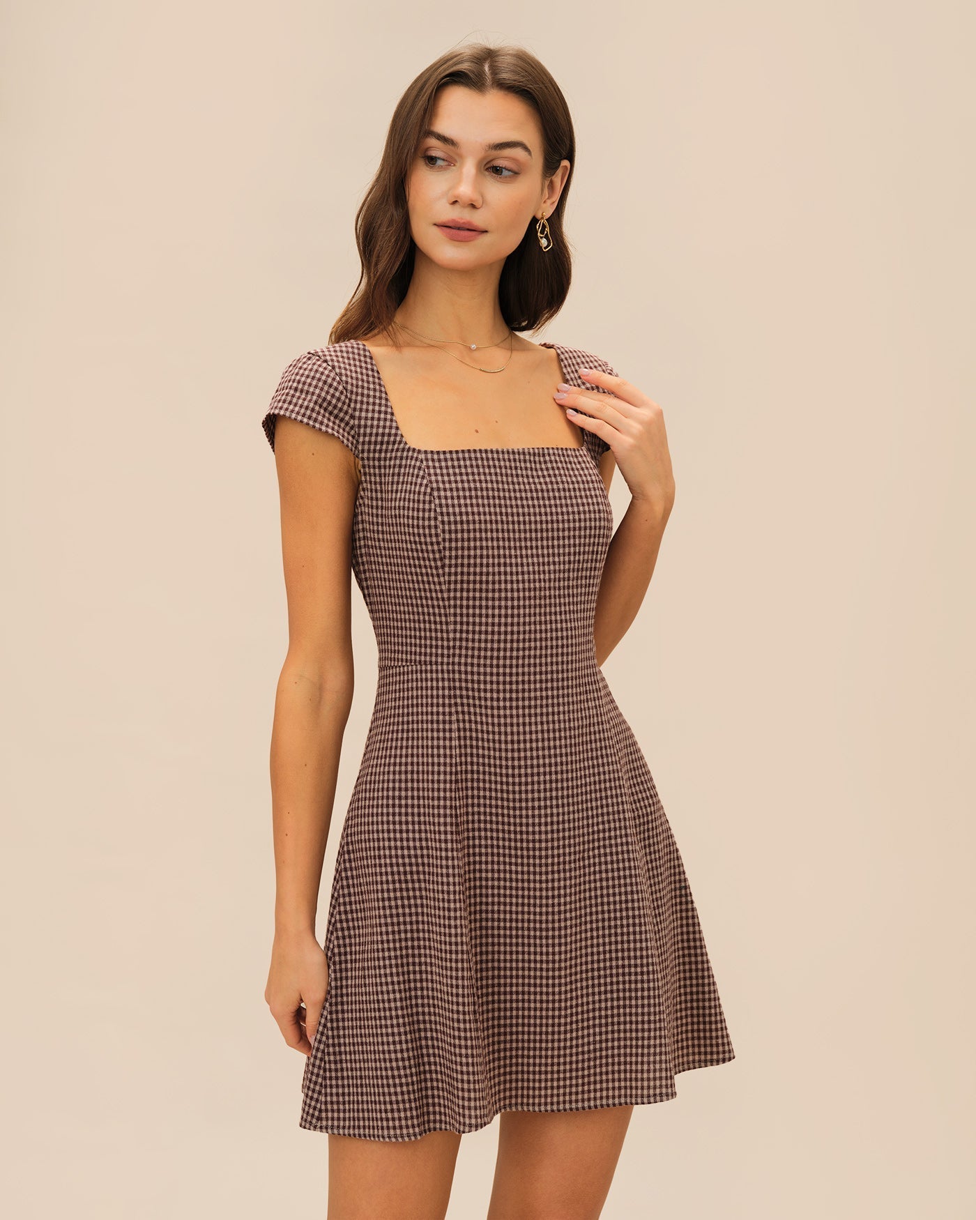 Brown Square Neck Plaid Mini Dress