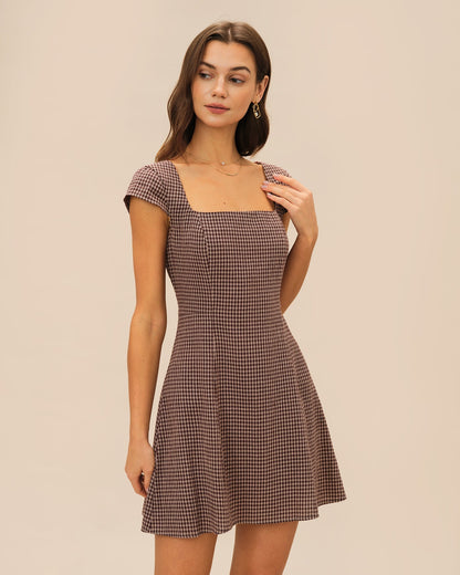 Brown Square Neck Plaid Mini Dress