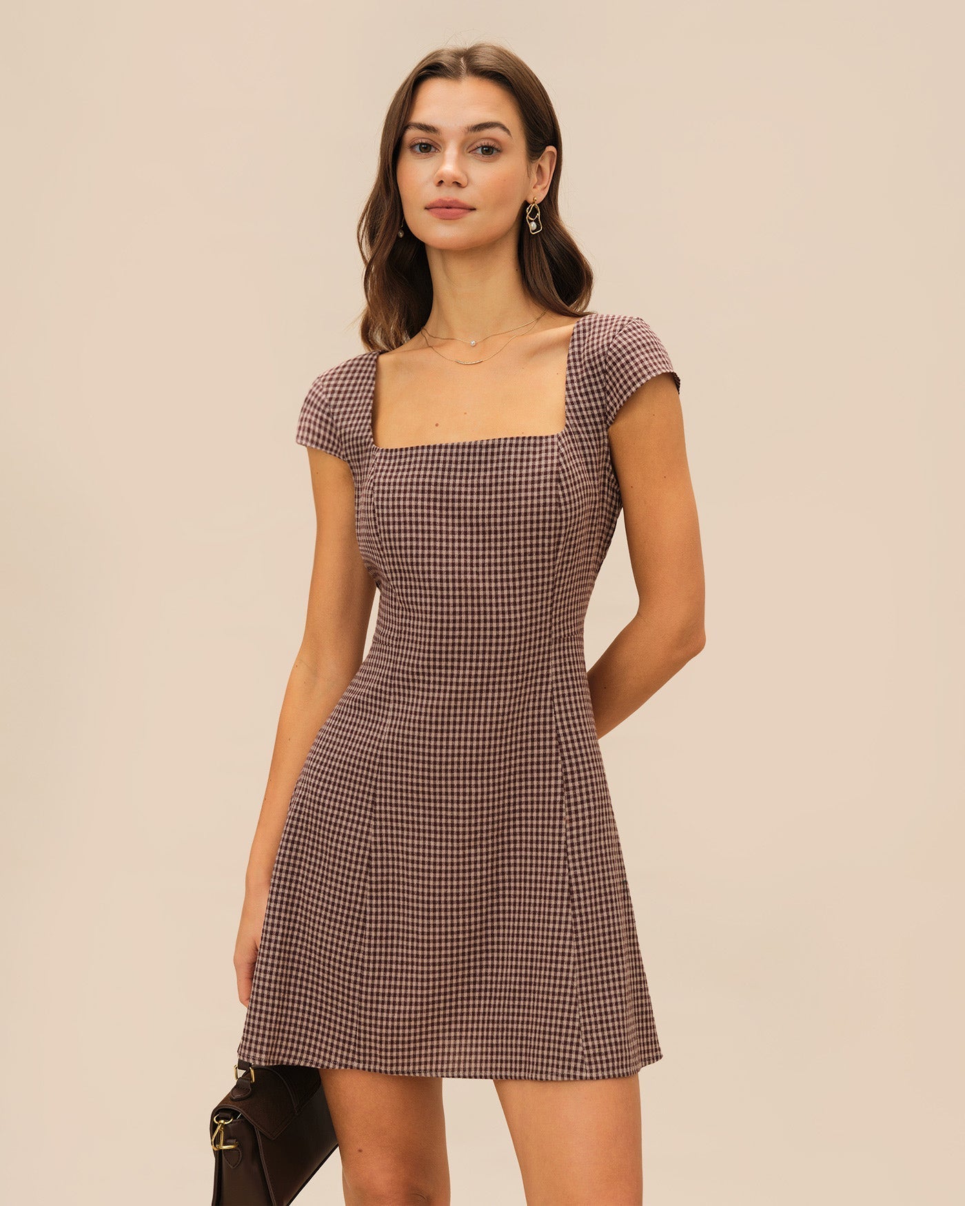 Brown Square Neck Plaid Mini Dress