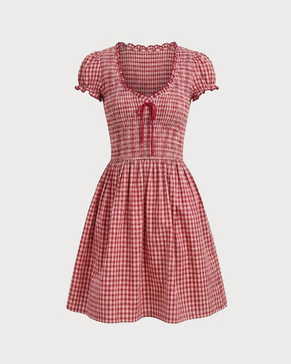 Red V Neck Plaid Mini Dress