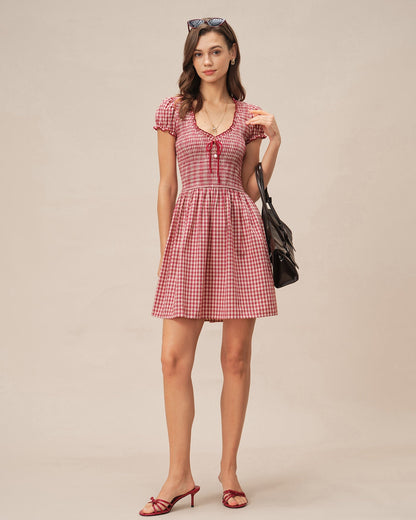 Red V Neck Plaid Mini Dress