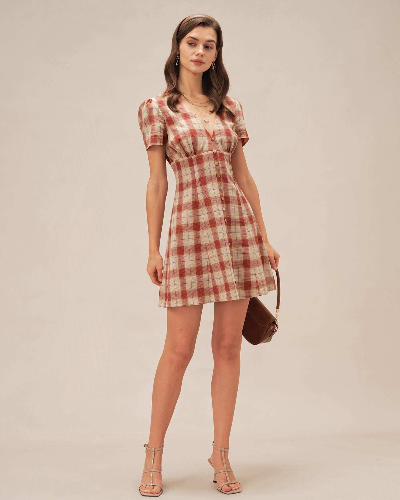 Red Plaid V Neck Mini Dress
