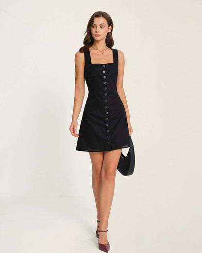 Black Button Square Neck Mini Dress