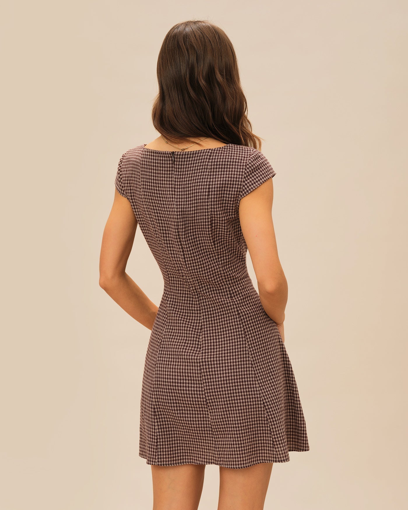 Brown Square Neck Plaid Mini Dress