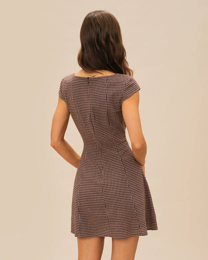 Brown Square Neck Plaid Mini Dress