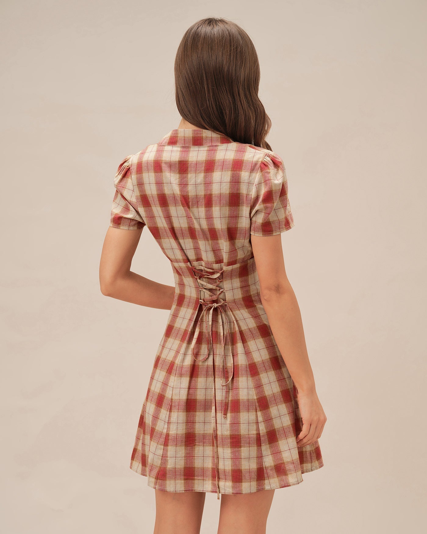 Red Plaid V Neck Mini Dress