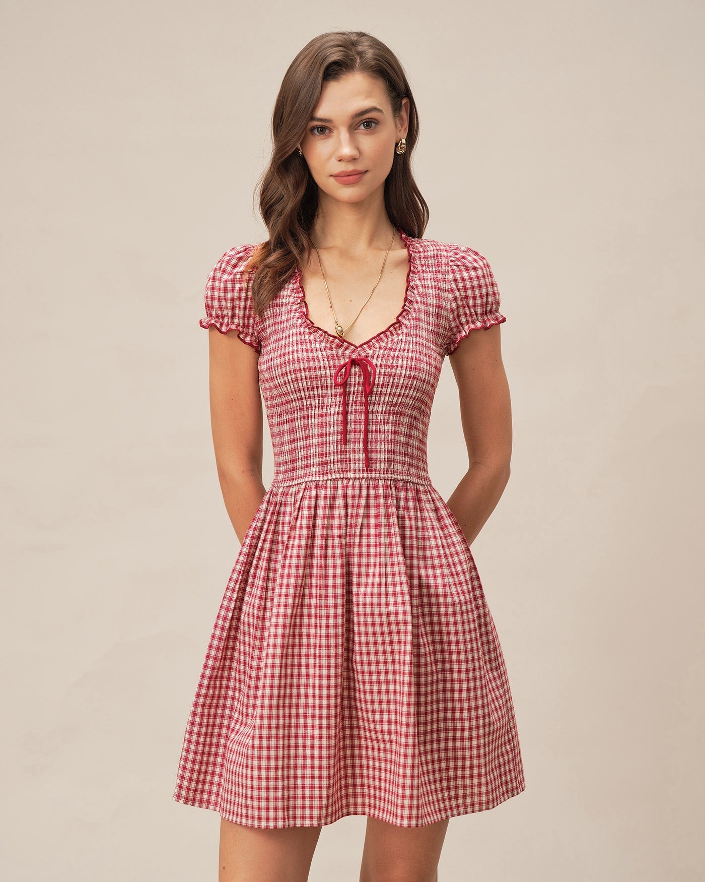 Red V Neck Plaid Mini Dress