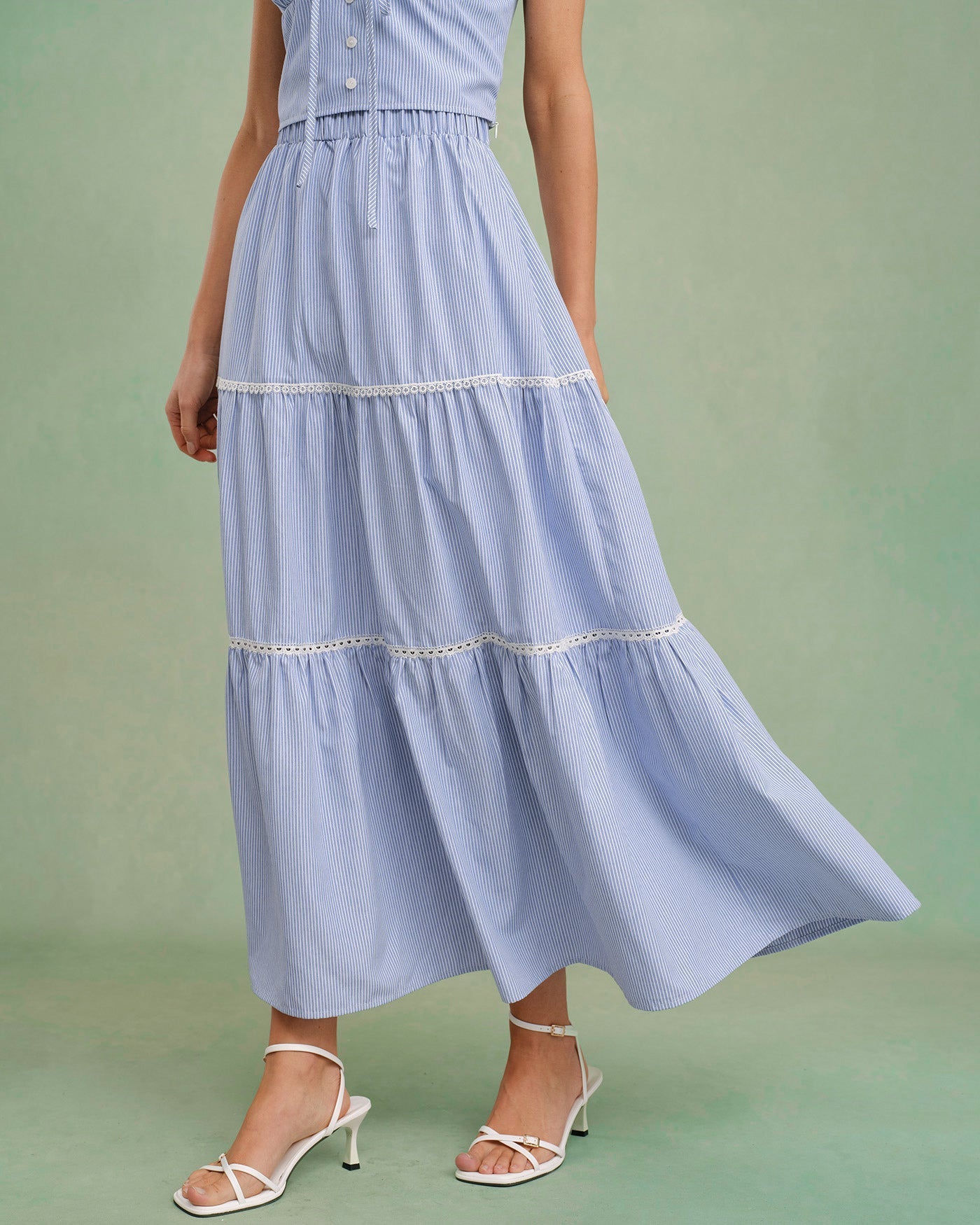 Blue Elastic Waist Midi Skirt