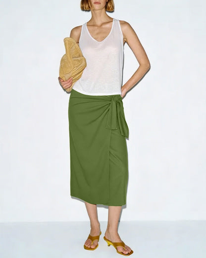 Green Solid Tie Midi Skirt