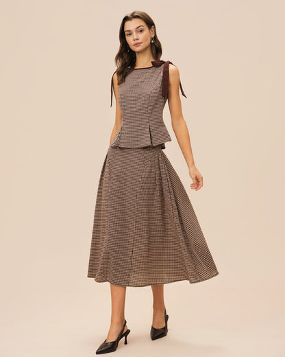 Brown Plaid Midi Skirt