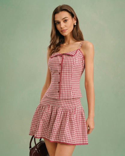 Red Plaid Ruched Mini Skirt