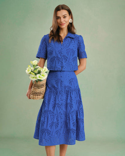 Blue Embroidery Midi Skirt