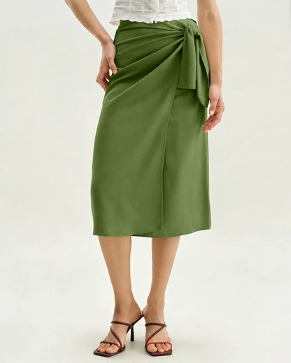 Green Solid Tie Midi Skirt