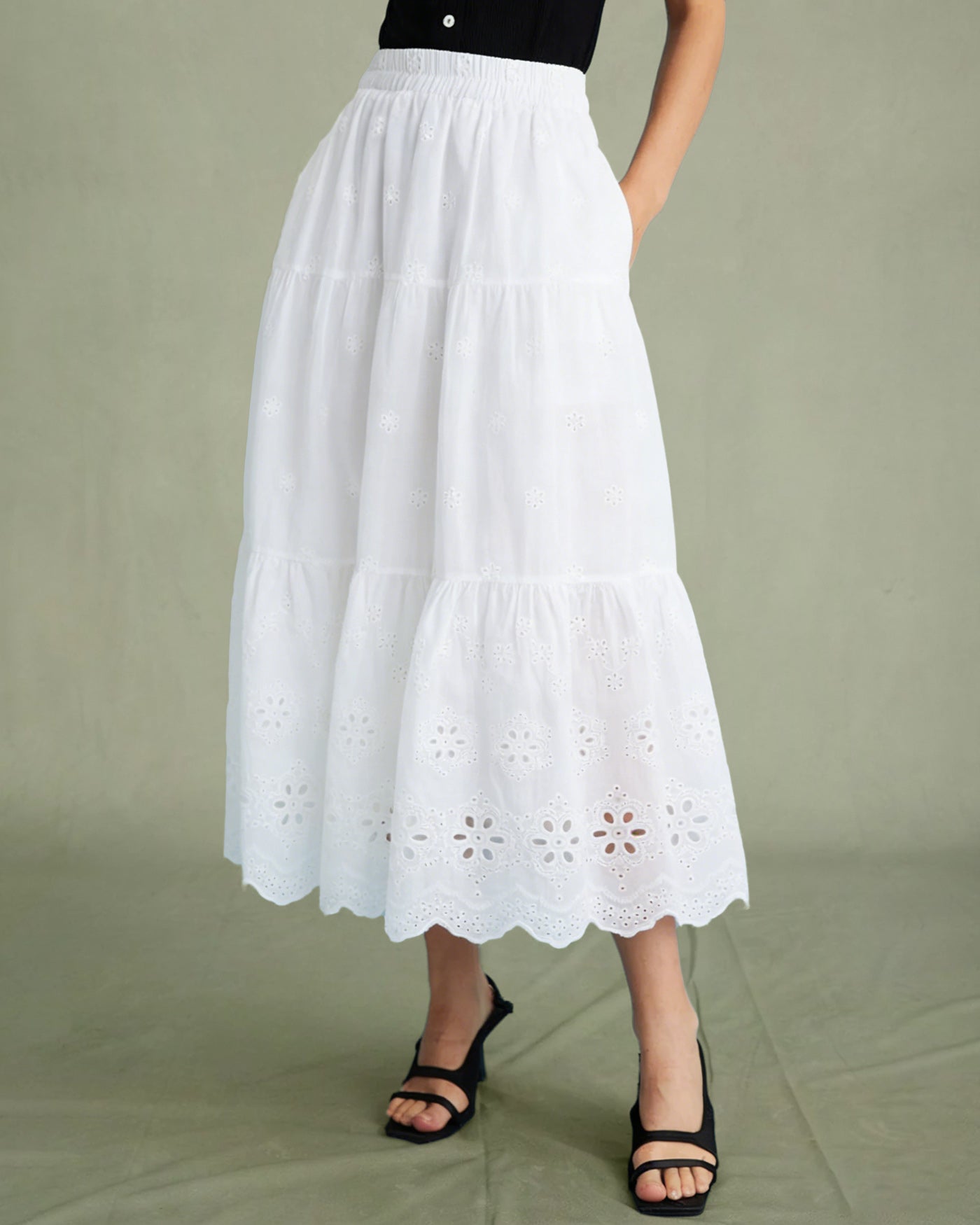 White Floral Textured Midi Skirt