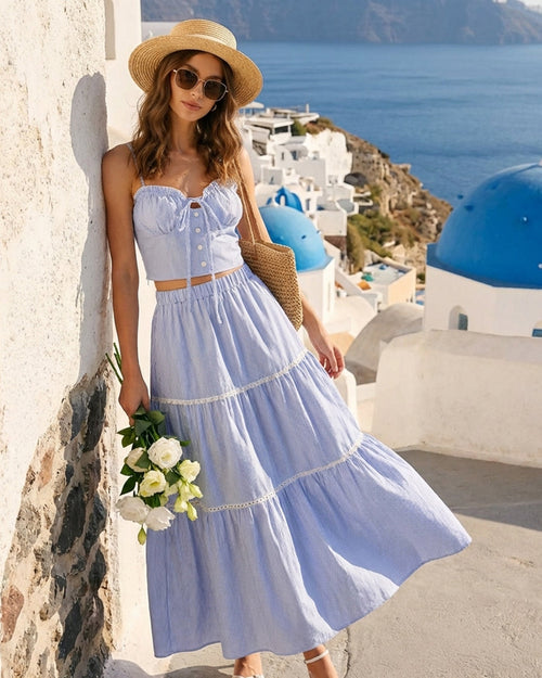 Blue Elastic Waist Midi Skirt