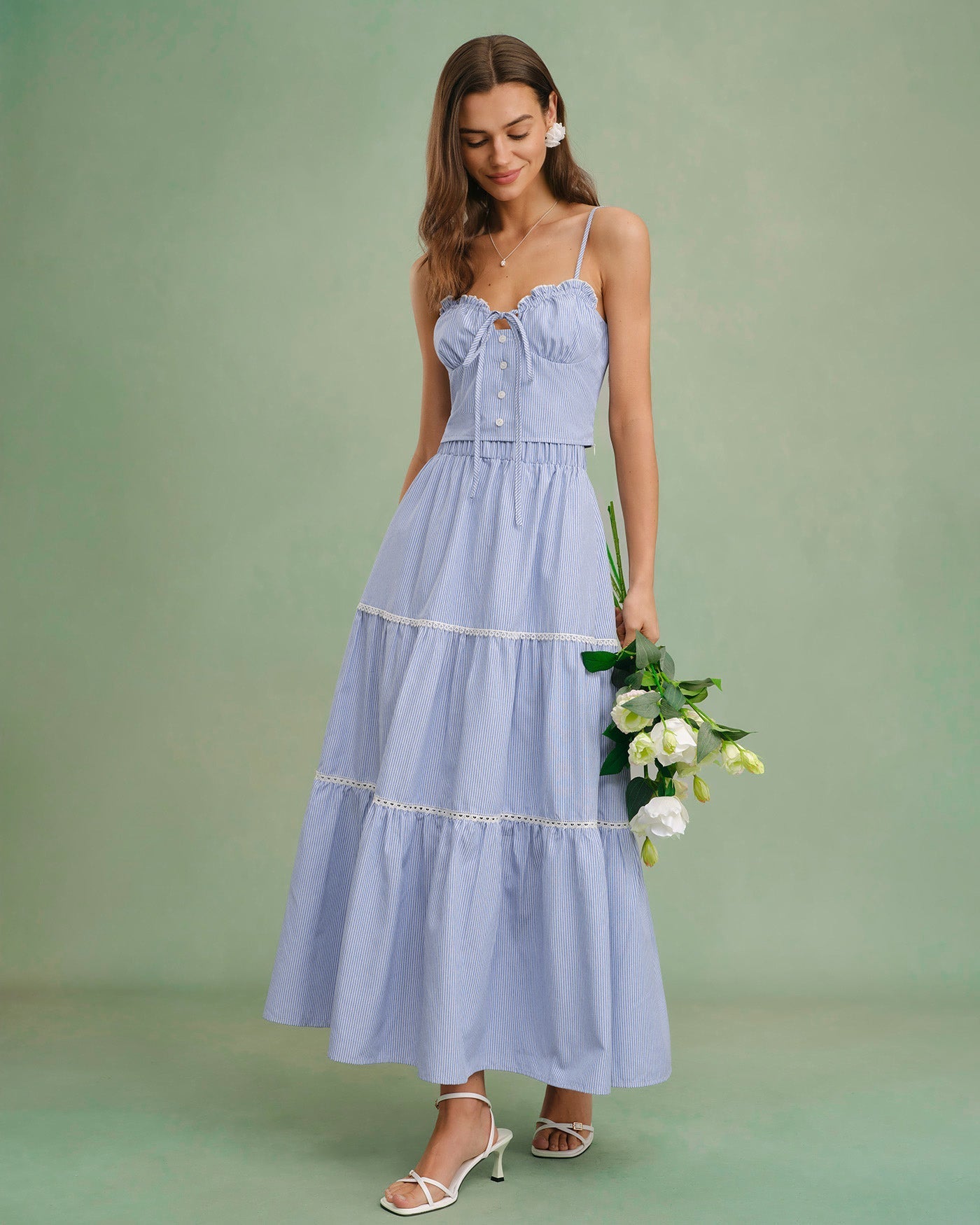 Blue Elastic Waist Midi Skirt