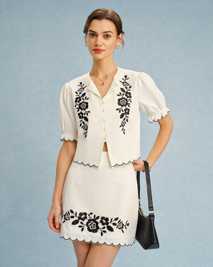 Beige Embroidery Contrasting Mini Skirt