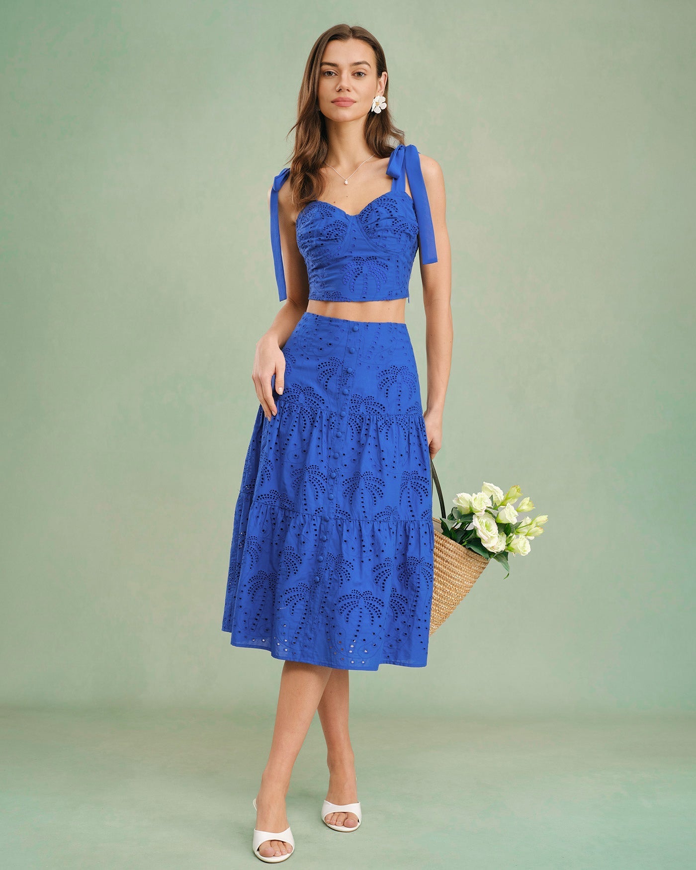 Blue Embroidery Midi Skirt