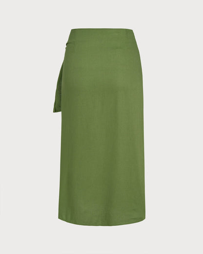 Green Solid Tie Midi Skirt