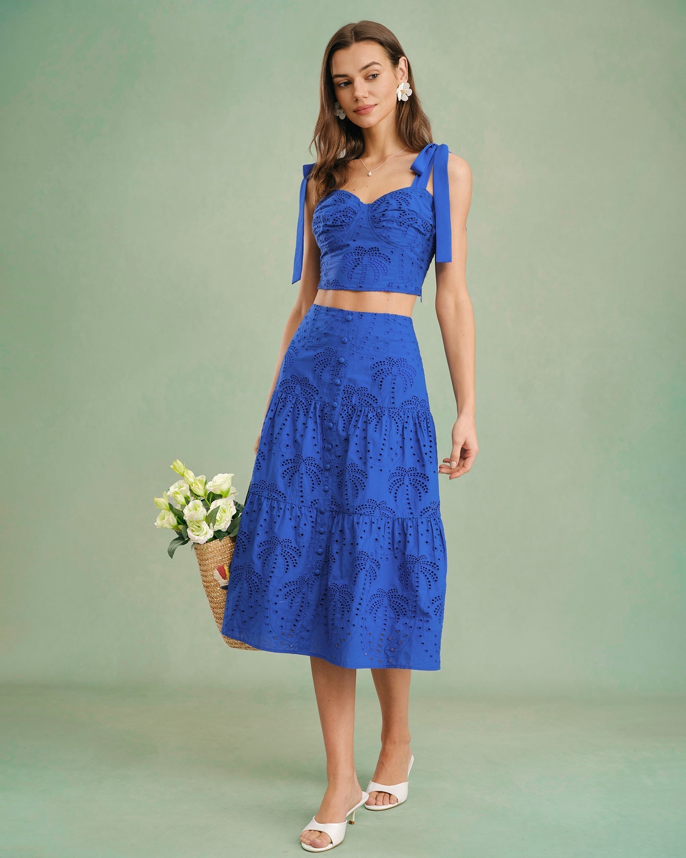 Blue Embroidery Midi Skirt