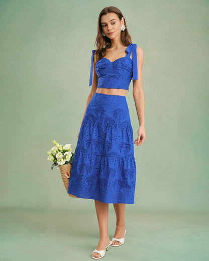 Blue Embroidery Midi Skirt
