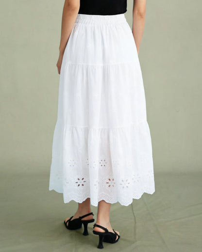 White Floral Textured Midi Skirt