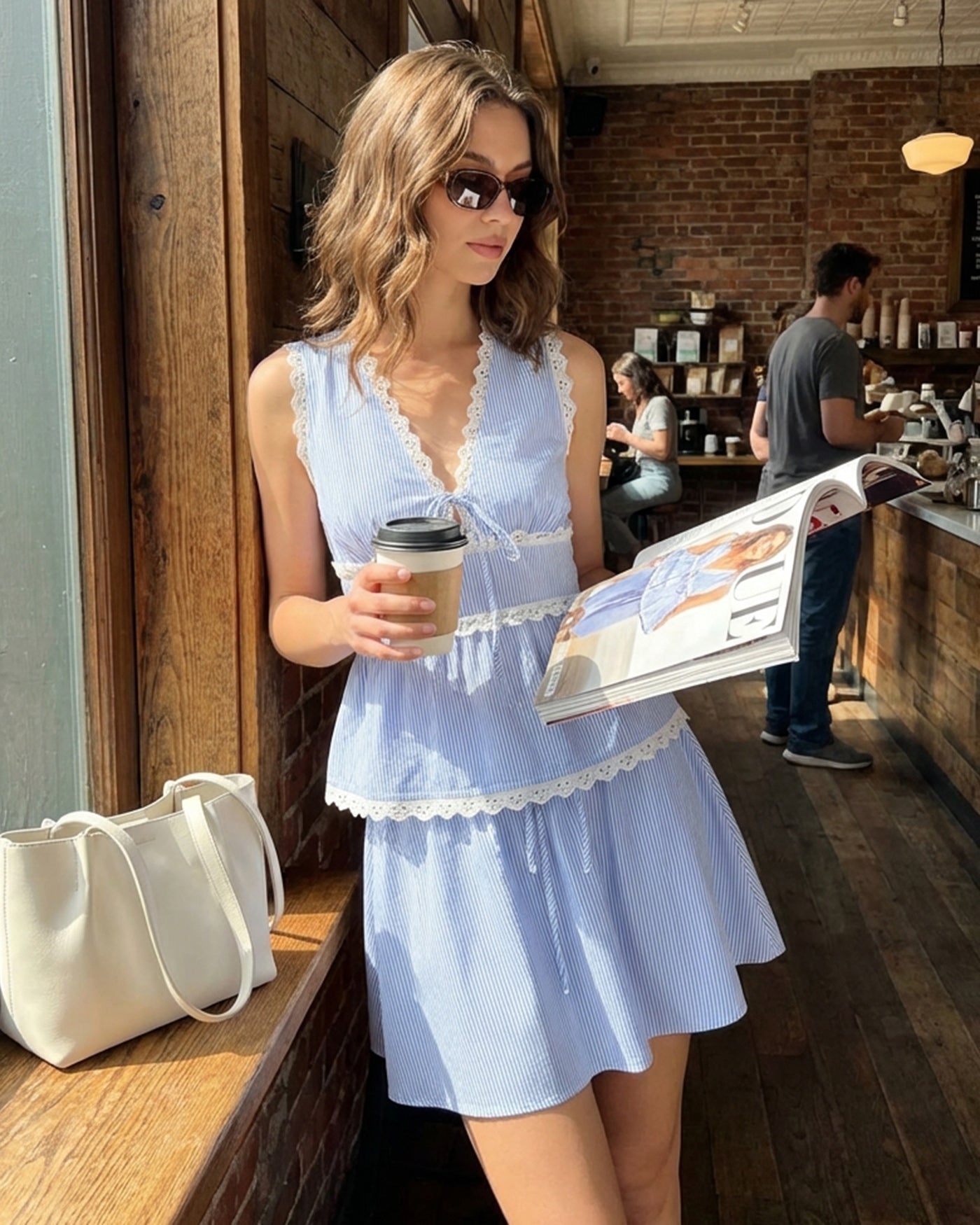 Blue Elastic Waist Tie Mini Skirt