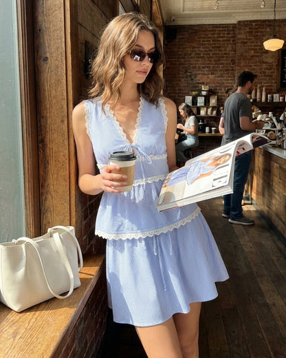 Blue Elastic Waist Tie Mini Skirt
