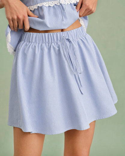 Blue Elastic Waist Tie Mini Skirt