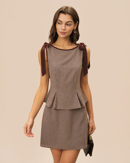 Brown Plaid Cotton Mini Skirt