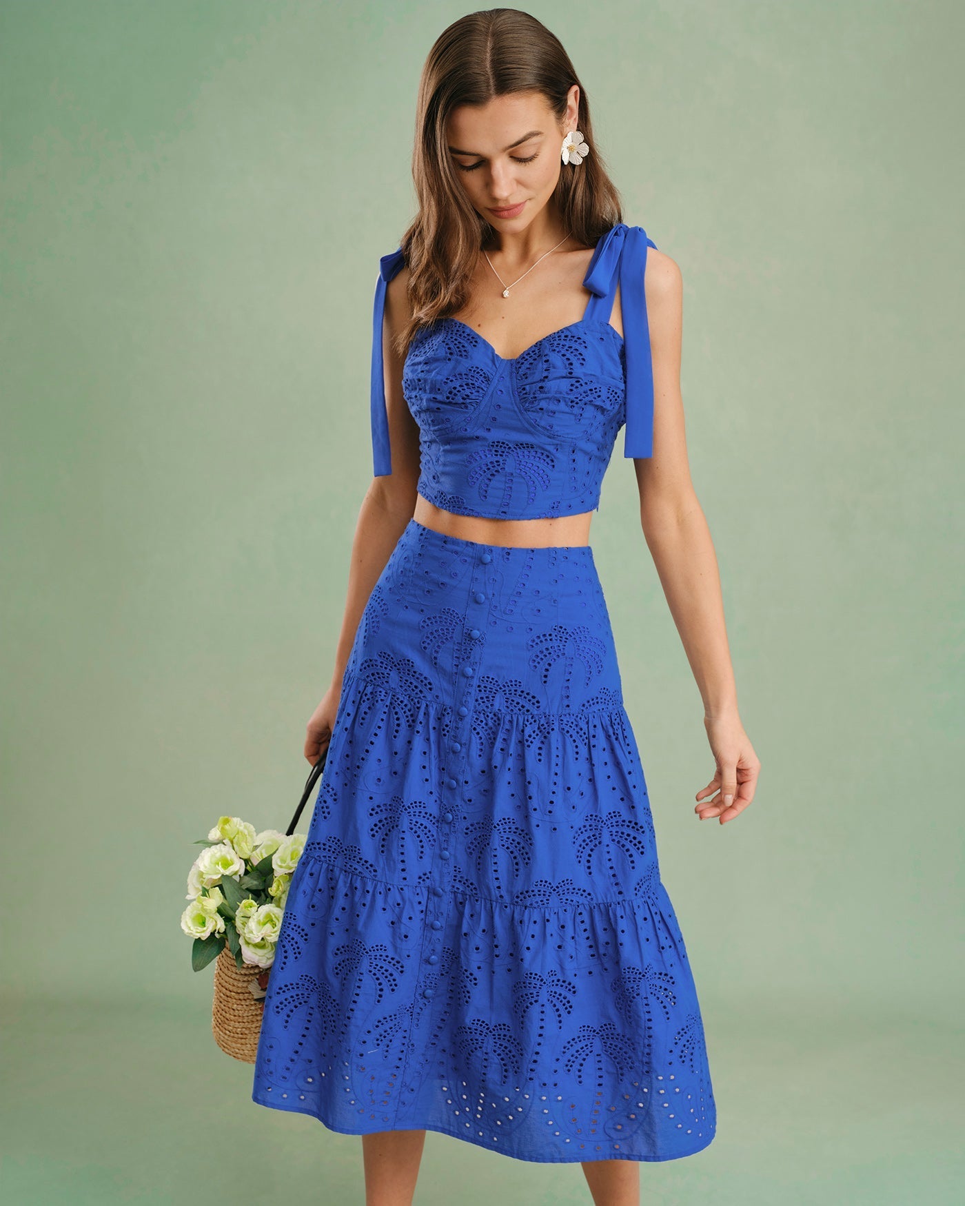 Blue Embroidery Midi Skirt