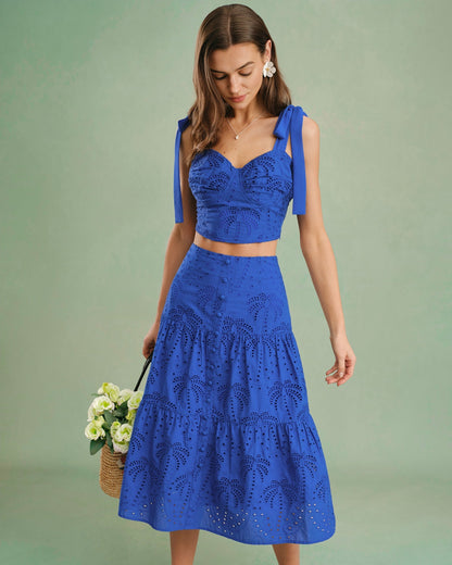 Blue Embroidery Midi Skirt