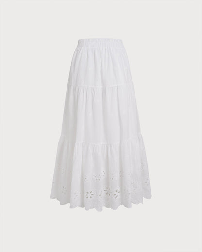 White Floral Textured Midi Skirt