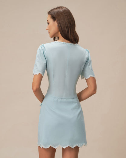 Light Blue Lace Pocket Button Mini Skirt