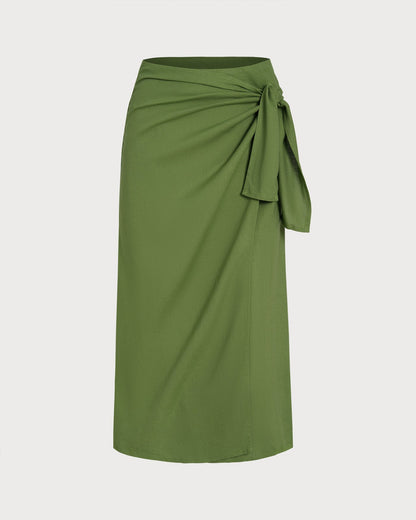 Green Solid Tie Midi Skirt