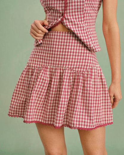 Red Plaid Ruched Mini Skirt