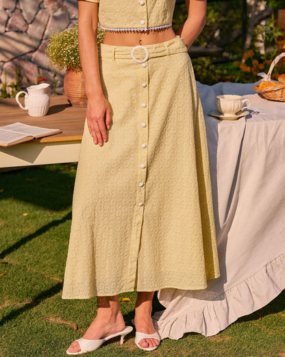 Yellow Embroidery Button Midi Skirt