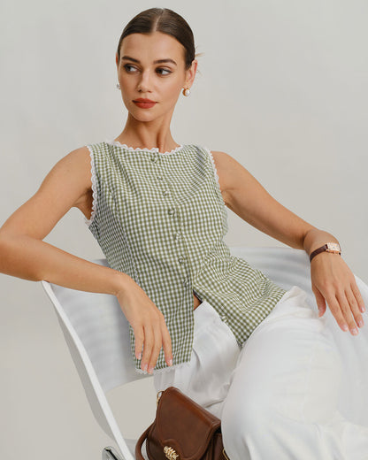 Light Green Boat Neck Plaid Tank Top